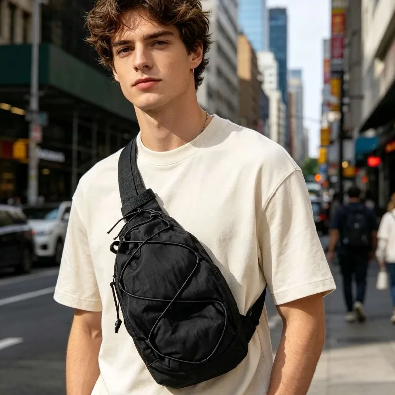 Sports chest bag, nylon shoulder bag, waterproof drawstring crossbody bag, multifunctional casual men's and women's styles