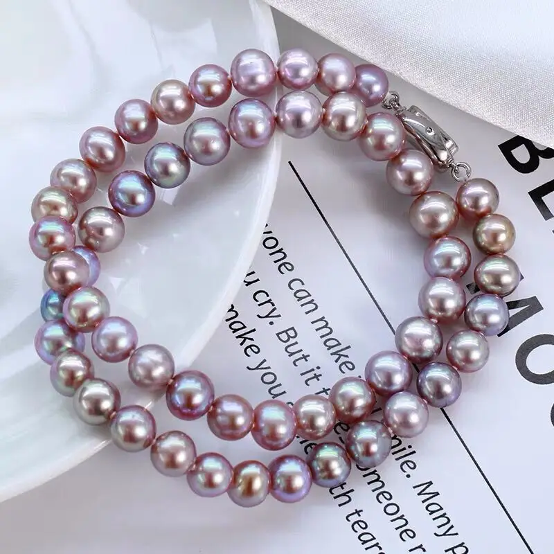 Real Photo HUGE AAAAA 8-9 MM SOUTH SEA NATURAL PURPLE PEARL NECKLACE 925 SILVER CLASP Fine Jewelry Gifts