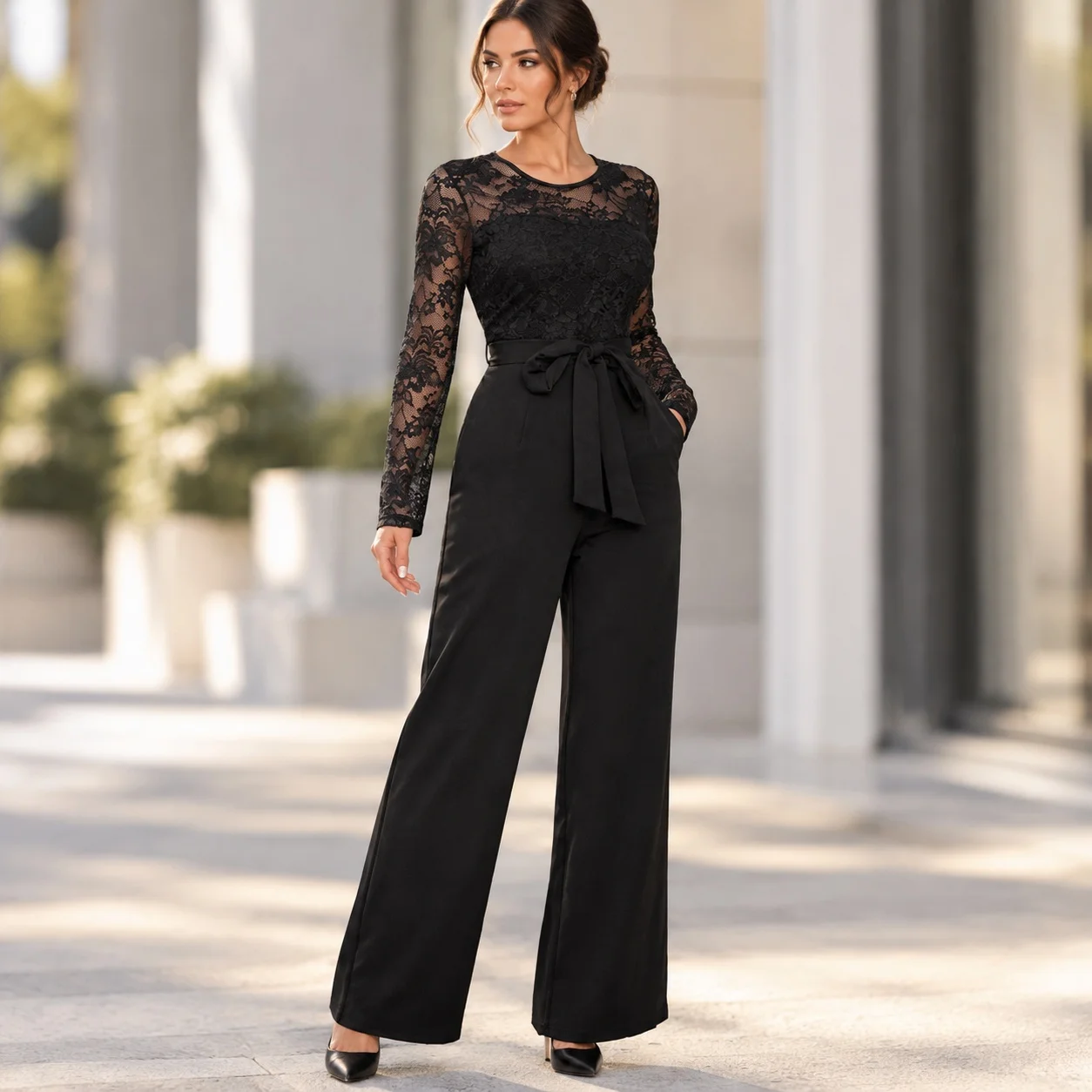 Full Length Loose Fit Pants Elegant Style with High Stretch One High Stretch Regular Sleeve Chic Office Summer Women Jumpsuit