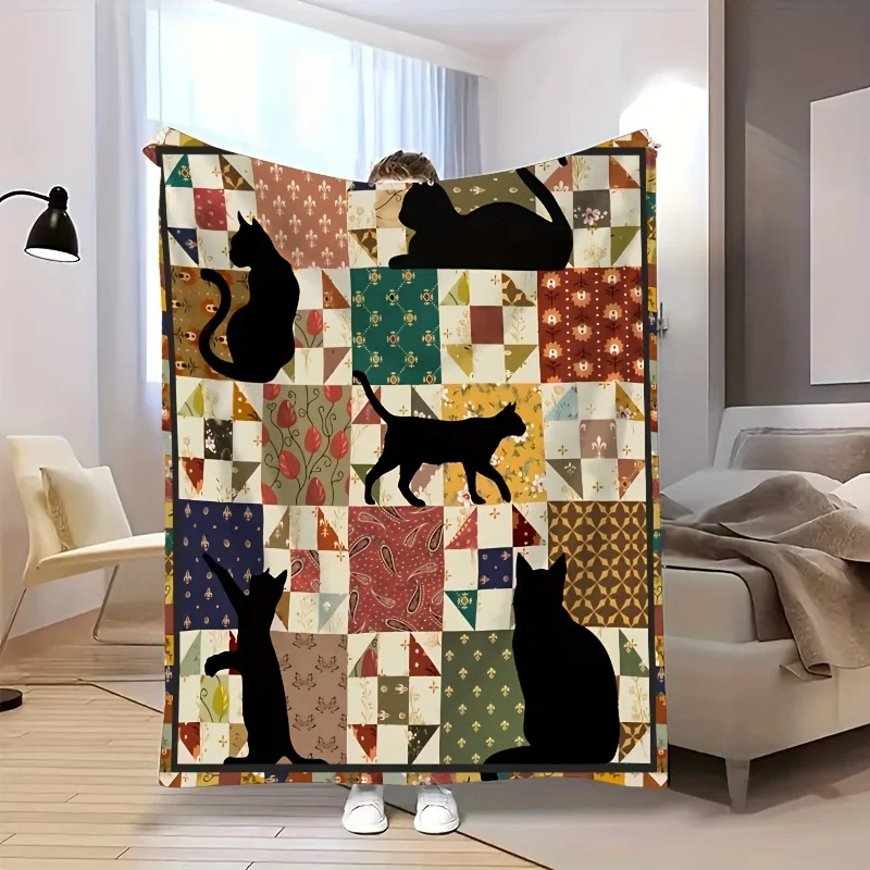 Cozy Vintage Cat Print Flannel Plush Blanket - Reversible, Soft, All-Season Design with Adorable Cat Patterns, Perfect for Sofa