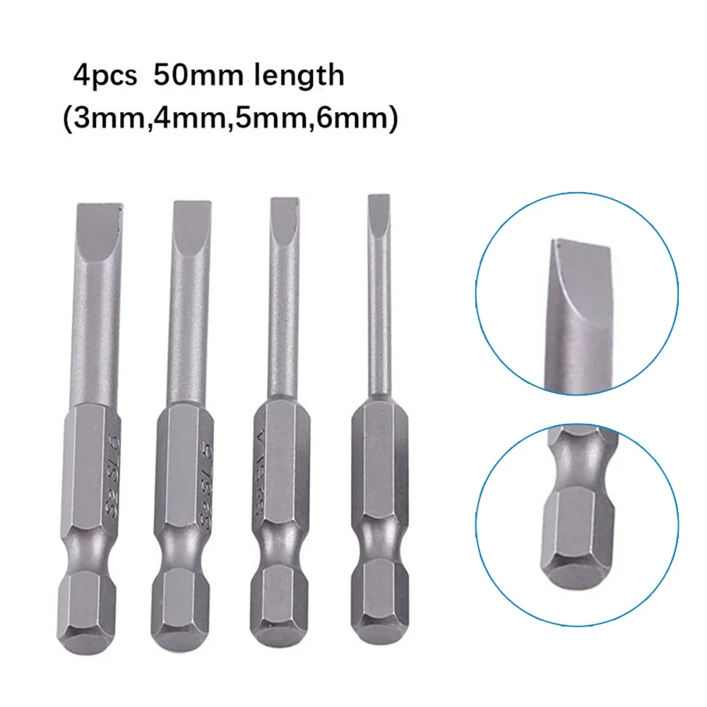 4Pcs 50mm Slotted Screwdriver Bit 3mm-6mm Magnetic Flat Head 1/4in Hex Shank*Diameter Size: SL3.0, SL4.0, SL5.0, SL6.0
