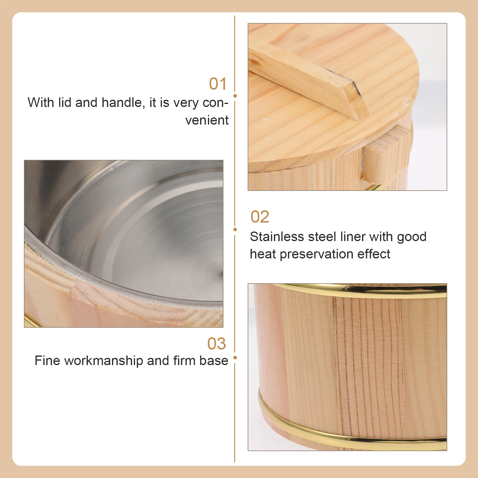 

1Set Wooden Rice Bucket Cover Handle Polished Surface Heat Resistant Steamed Rice Container Household Kitchen Tool Party Use