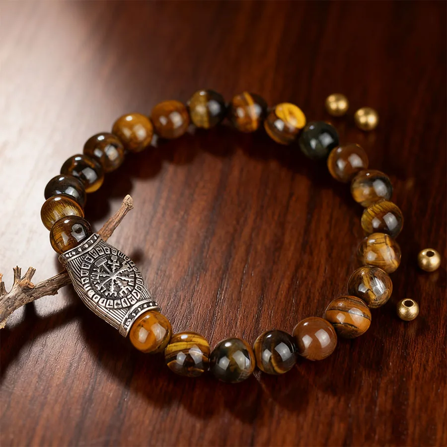 Viking Compass Bead Bracelet for Men Tiger Eye White Howlite Natural Stone Navigation Jewelry Nordic Retro Wristband Joias
