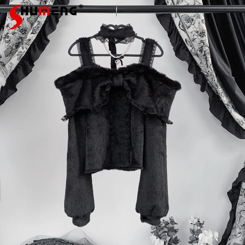 اليابانية Rojita نمط الحلو لطيف Dailywear Y2k تريكو البلوز السيدات طويلة الأكمام سترة أبيض وردي أسود 3 الألوان المتاحة #1