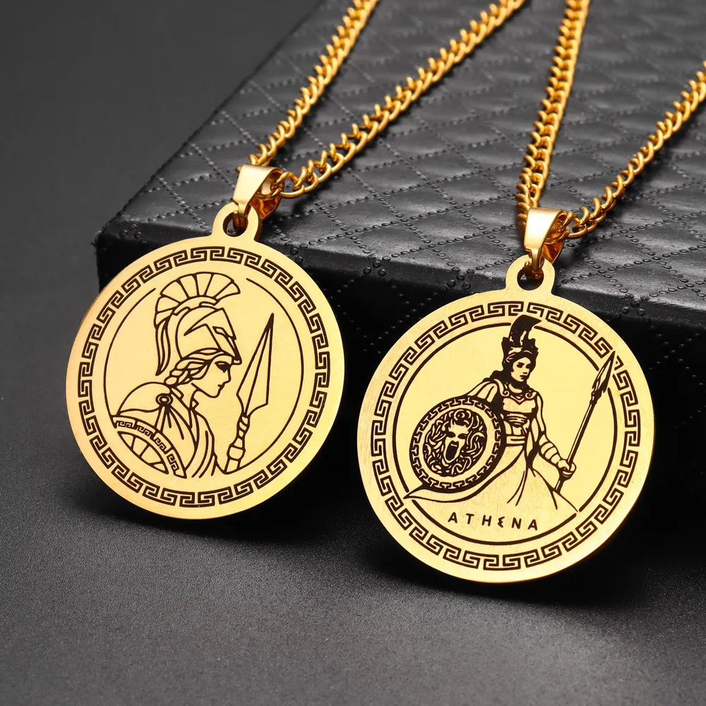 Gothic Stainless Steel Ancient Greek Goddess Athena Round Pendant Necklace for Men Women Hip Hop Vintage Necklaces Jewelry
