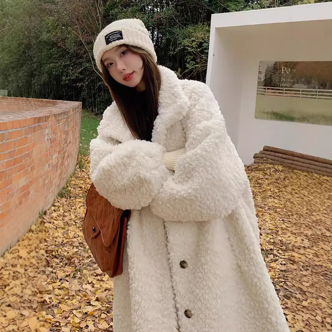 New product extended lamb fur plush coat winter stand-up collar women's button-up top European and American fashion clothes