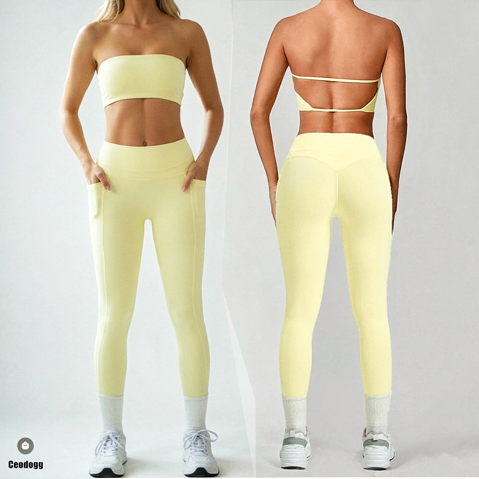 2PCS Sports Tube Bra Women's Yoga Set Gym Workout Pocket Butt Lifting Pants Outdoor Fitness Legging Two Piece Active Suits XP40