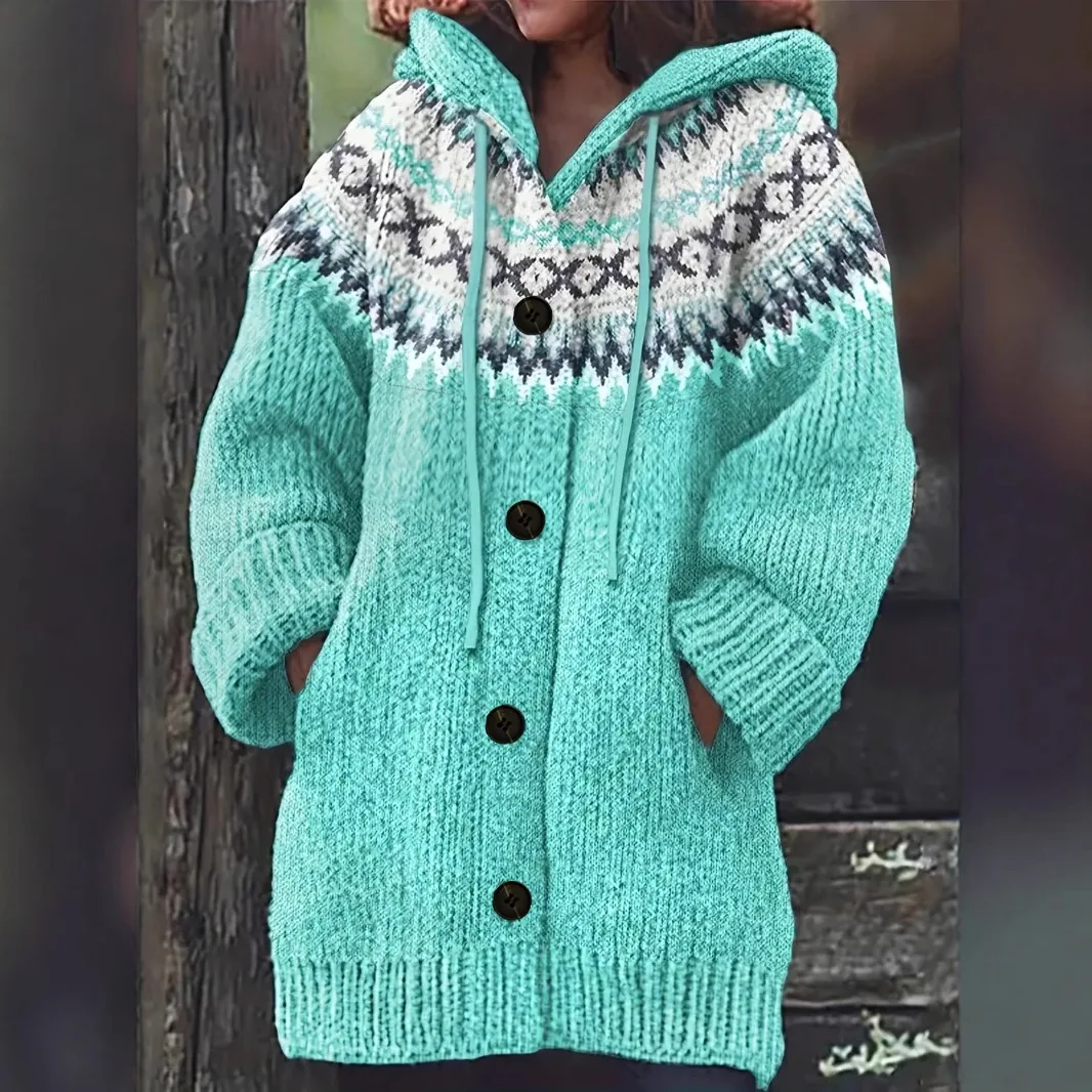 

Autumn and Winter European and American Retro Hooded Knitted Sweater Cardigan Large Size Women's Long-sleeved Sweater Jacket