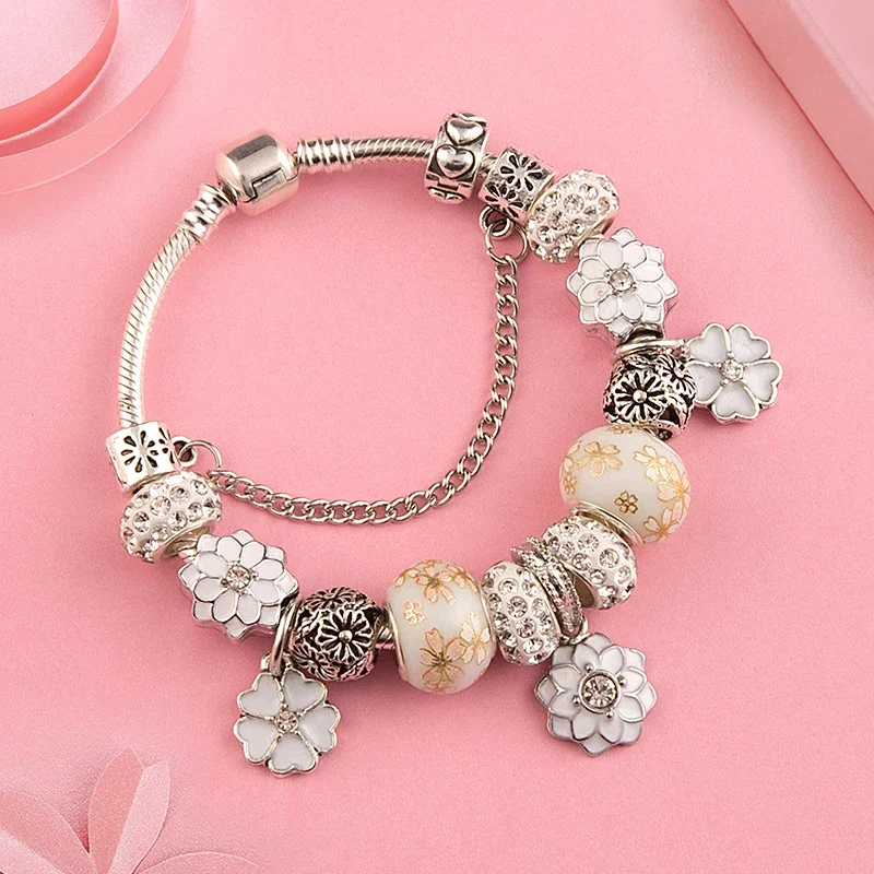 White Enamel Flower Leaf Pendant Charms Bracelets Silver Color Diy Bead Casual Bracelet Jewelry Gift