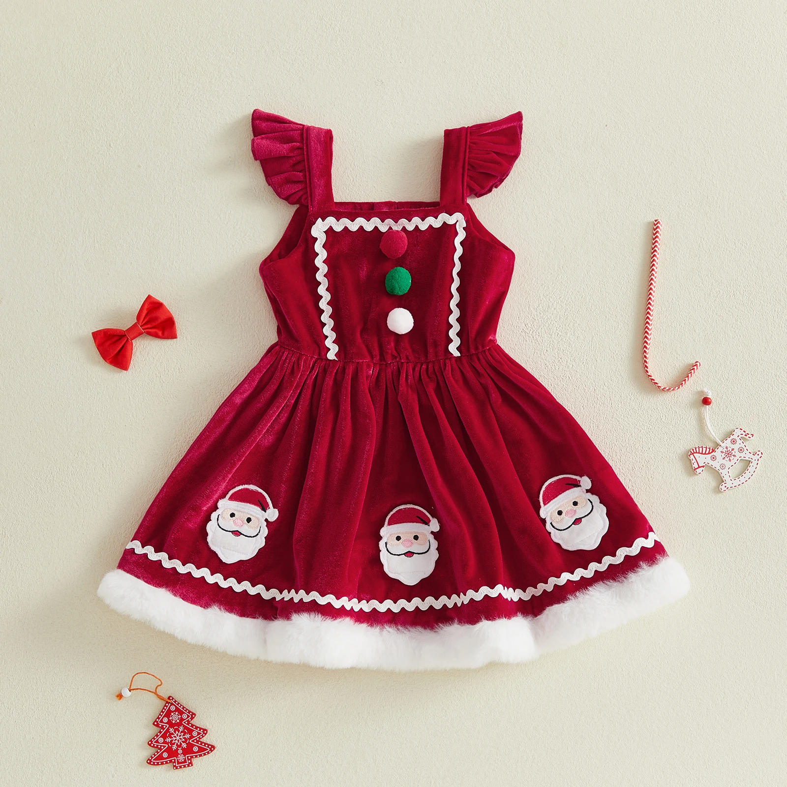 Tregren Little Girl Christmas Velvet Dress Santa/Gingerbread Flying Sleeve A-Line Dresses
