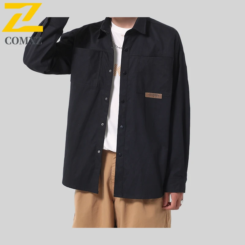 2025 New Autumn Long Sleeve Shirt Men's Trendy Street Pure Cotton Double Pocket Work Shirts Japanese Style Loose Solid Color Top