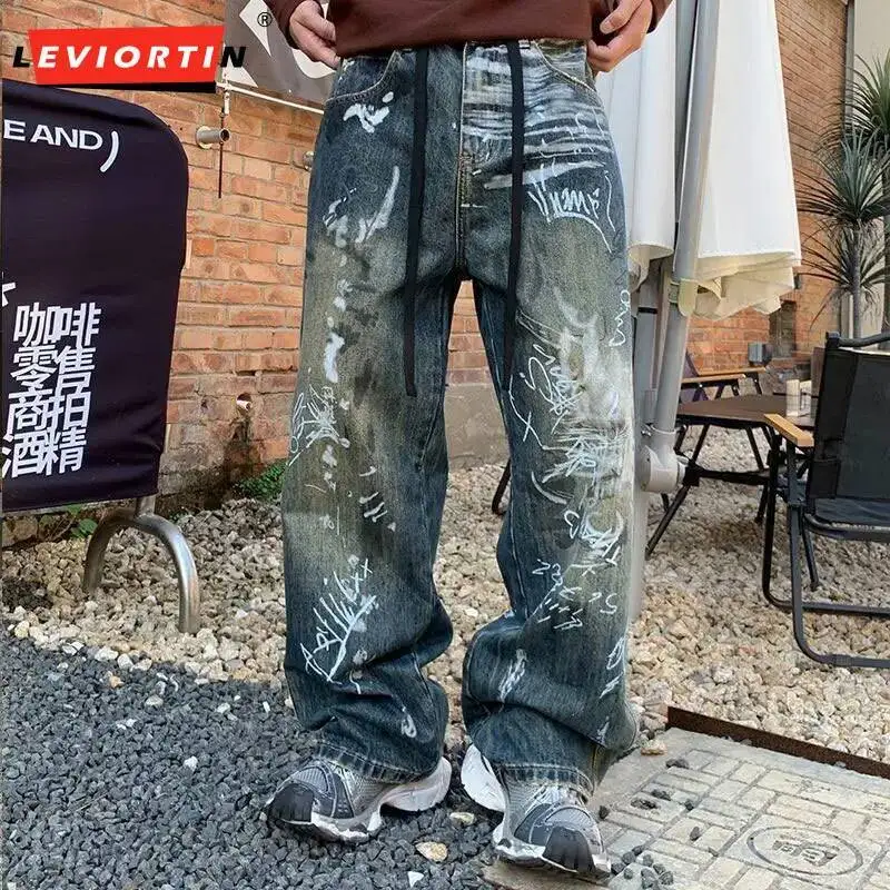 Autumn Jeans Pants Men High Street Graffiti Print Drop Crotch Jeans Loose Straight Wide Leg Draggable Pants Hip-Hop Streetwear