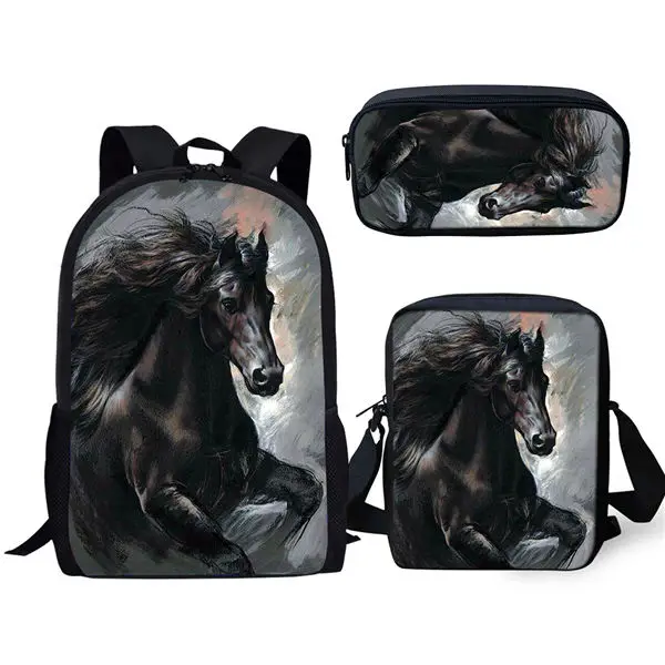 

Classic Creative Friesian Horse 3D Print 3pcs/Set pupil School Bags Laptop Daypack Backpack Inclined shoulder bag Pencil Case