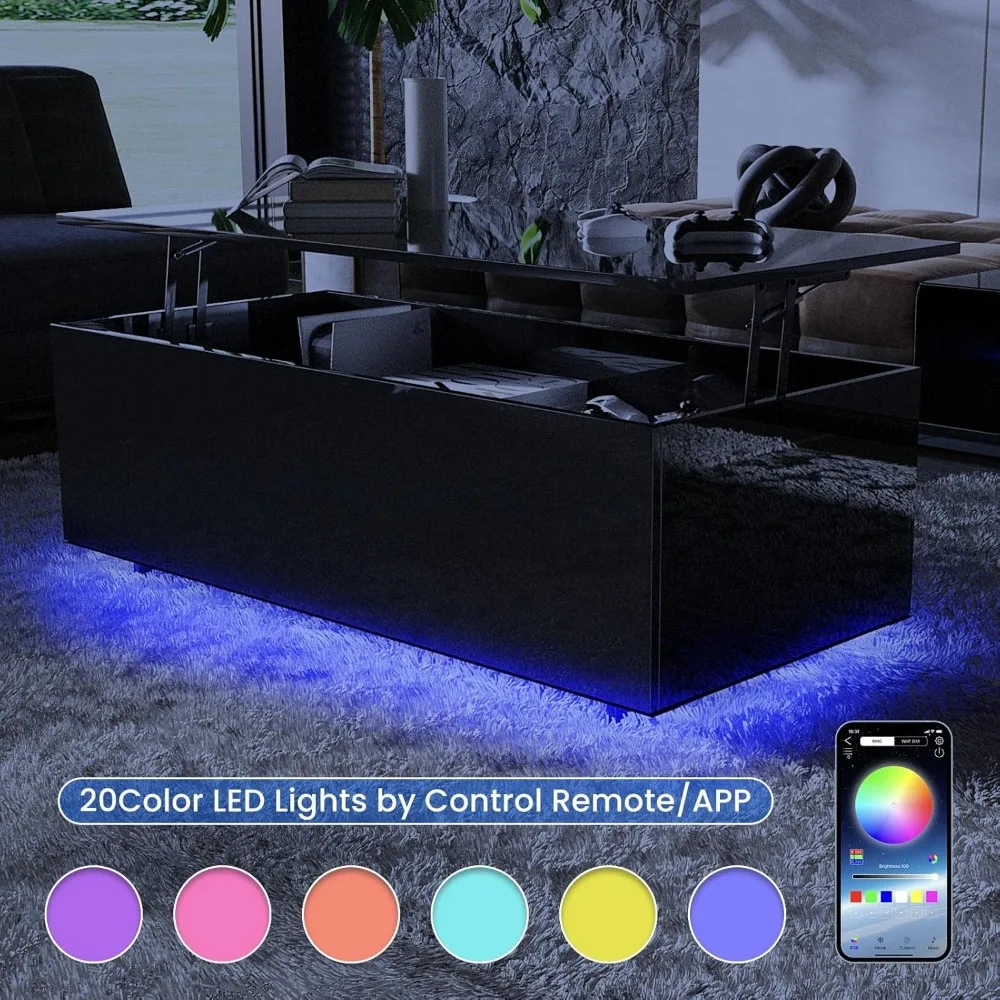 Mesa De Mesa De Elevação De Alto Brilho Com Luzes LED, Mesa De Café LED Com Cremalheira De Armazenamento E Compartimentos Escondidos