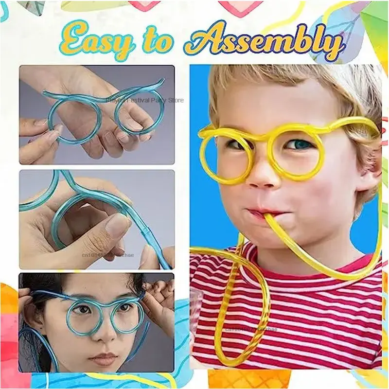 1Pc Funny Soft Plastic Straw Toys DIY Glasses Modeling Straw Toys Party Joke Tube Tools Kids Baby Birthday Party Favors 7colors