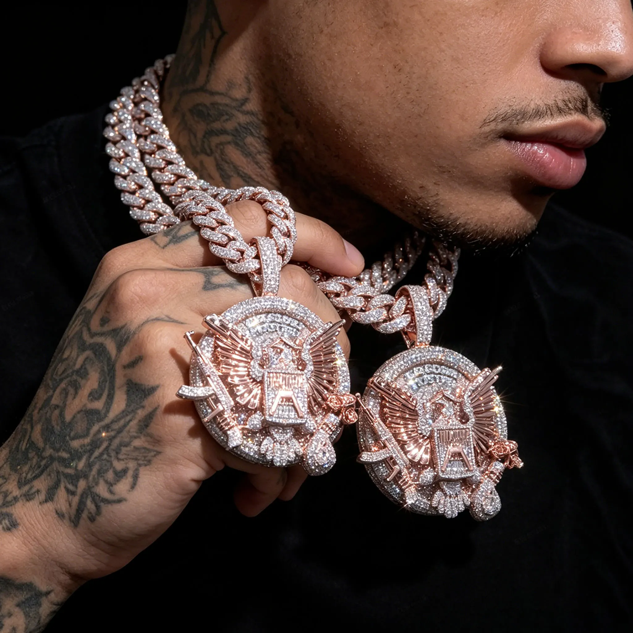 LYEE CYEE Exquisite Rose Gold Full Carved Double Eagle AK Letter Rap Pendant Necklace Fashionable Charm Hip Hop Jewelry, Exquisite Cutting Craftsmanship, Shining with Light, Fashionable and Elegant Appearance, Birthday Gift or Stacked Wear