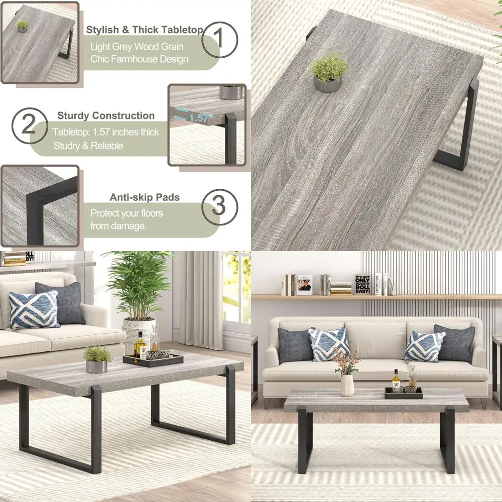 

Rustic Metal and Wood Coffee Table, Vintage Style, Light Grey, 44 for Living Room