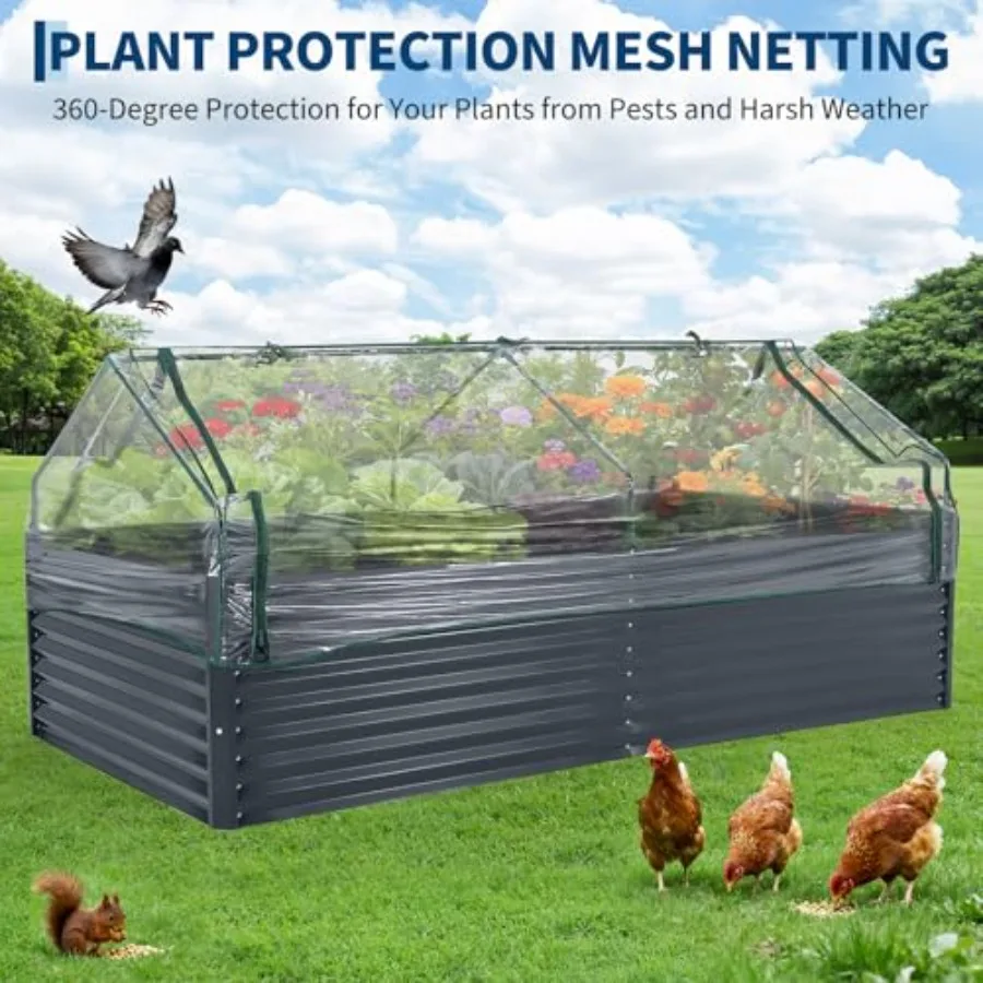 Outdoor vegetable gardening: galvanized steel raised garden bed 8x4x2 ft, grey with greenhouse cover for deep planting