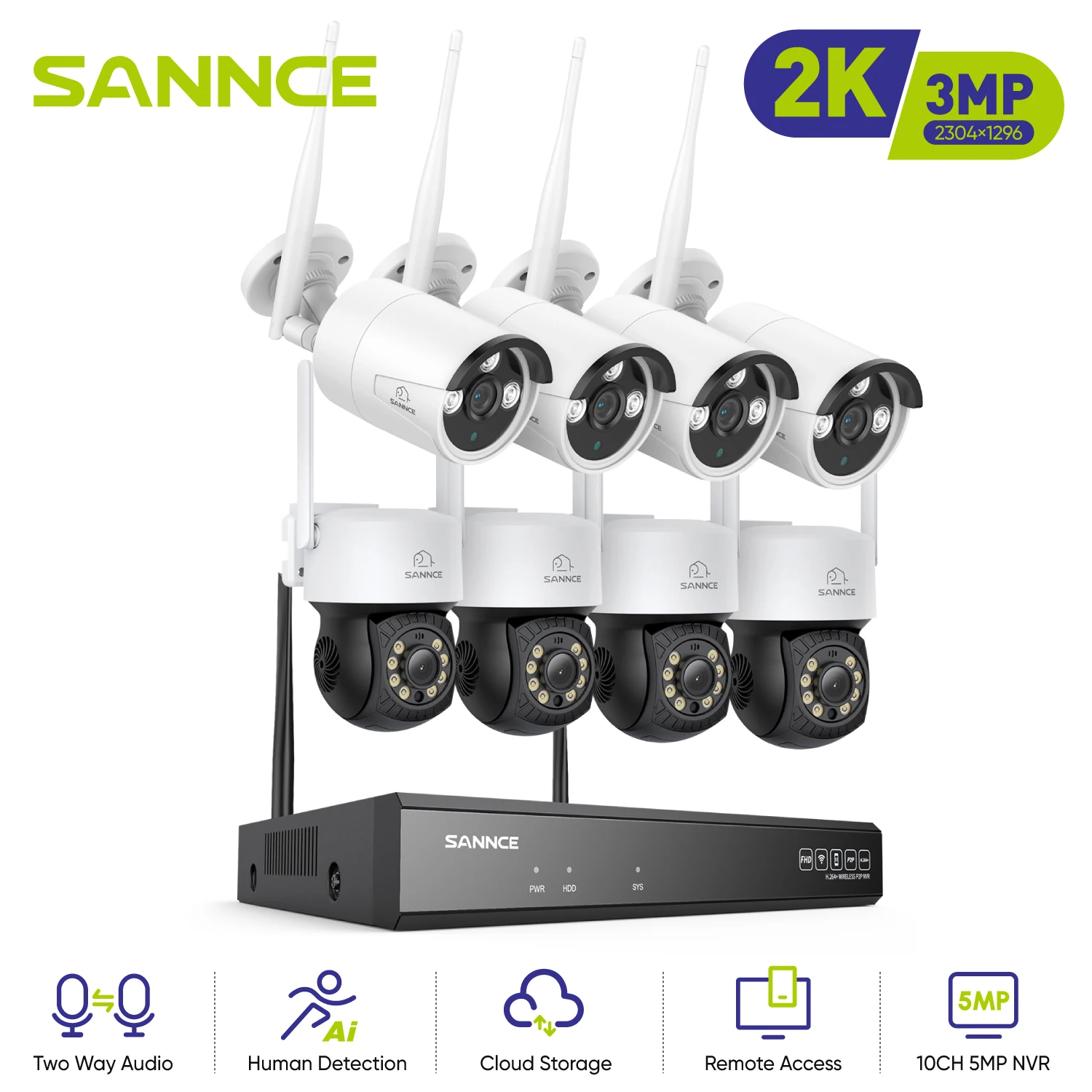 SANNCE 5MP 8CH Wireless Video Surveillance Kit Smart IR Night Vision Email Alert IP66 Remote Monitor Wifi Security Camera System