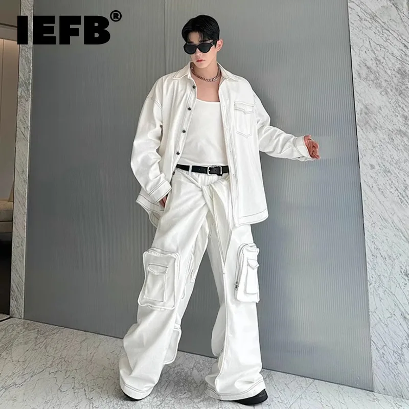 

IEFB High Street Men Two-piece Solid Color Lapel Single Breasted Denim Coat Straight Wide Leg Big Pocket Patchwork Jeans 9C7891