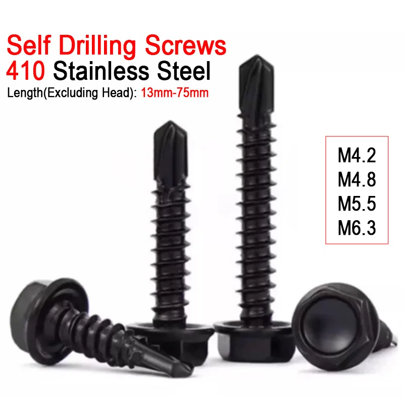 5/10/20/50pcs M4.2 M4.8 M5.5 M6.3 Black 410 Stainless Steel Hex Washer Head Self Drilling Screws Sheet Metal Tapping Screw