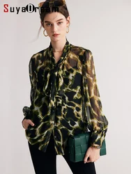 SuyaDream, Women Camouflage Shirts, 40%Real Silk, Bow Collar, Printed Chic Blouses 2024 Spring Summer Casual Top