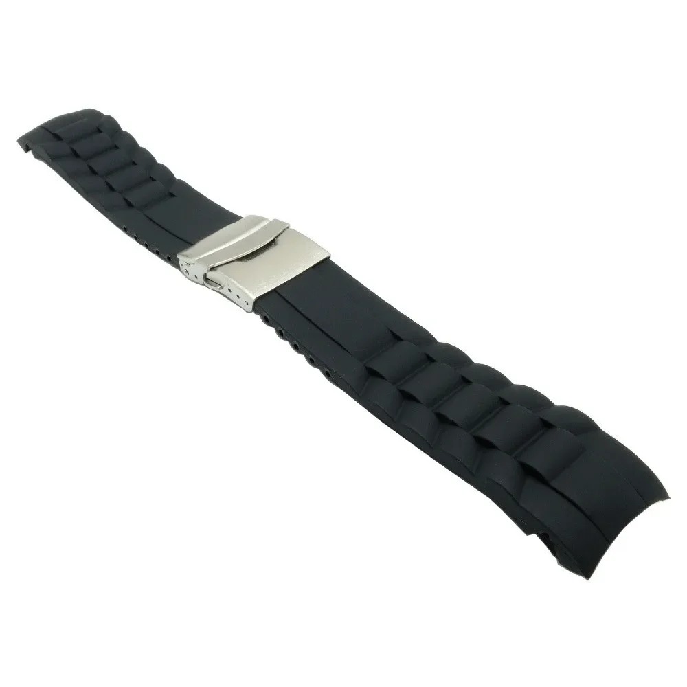 Universal Curved End Silicone Watch Band 16/18/20/22/24/26mm Soft Black Rubber Strap Metal Folding Buckle Bracelet Accessories