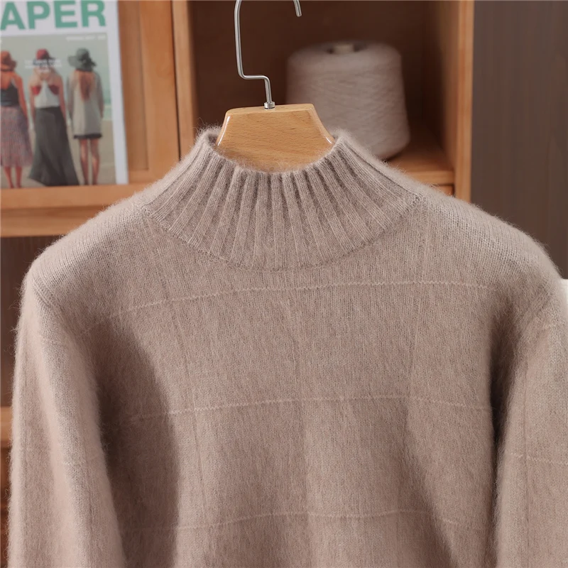 Women 100%Mink Cashmere Sweater Autumn Winter Thick Mockneck Cardigan Cable Knitting Simple Soft Warm Comfort Knitwear Top