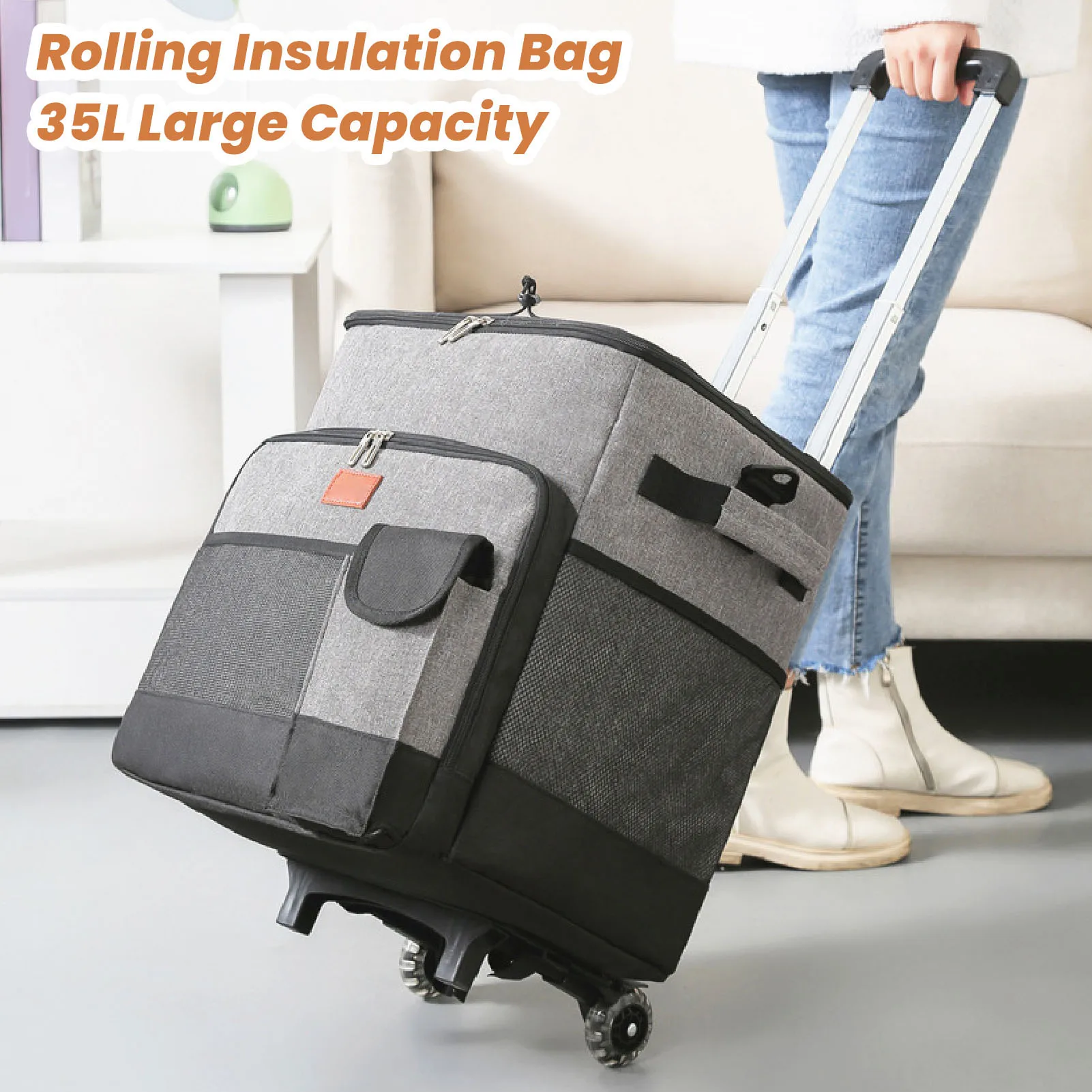 Rolling Cooler with Wheels 35L Rolling Cooler Bag with Wheels Waterproof Oxford Cloth Insulation Bag Lever Type Trolley Box Gray