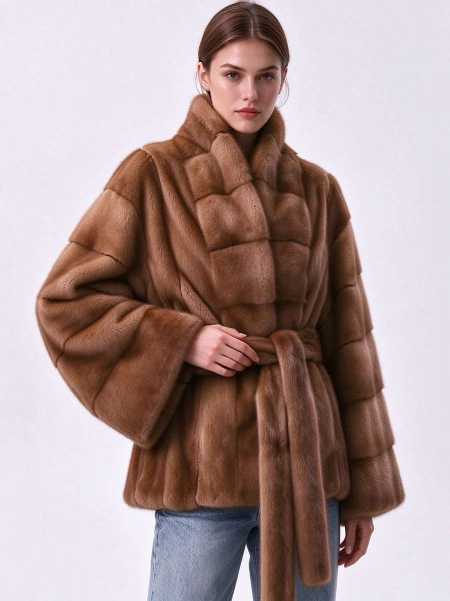 LIMO Women Lapel Collar Paneled Faux Mink Fur Coat Belted Tie Waist Flared Sleeve Luxury Warm Winter Short Fur Jacket Outerwear