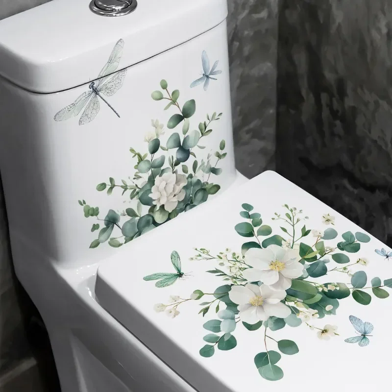 Pegatina de inodoro de plantas de 2 piezas, calcomanías de flores frescas, pegatinas impermeables extraíbles, pegatina de vinilo, adecuada para decorar inodoros