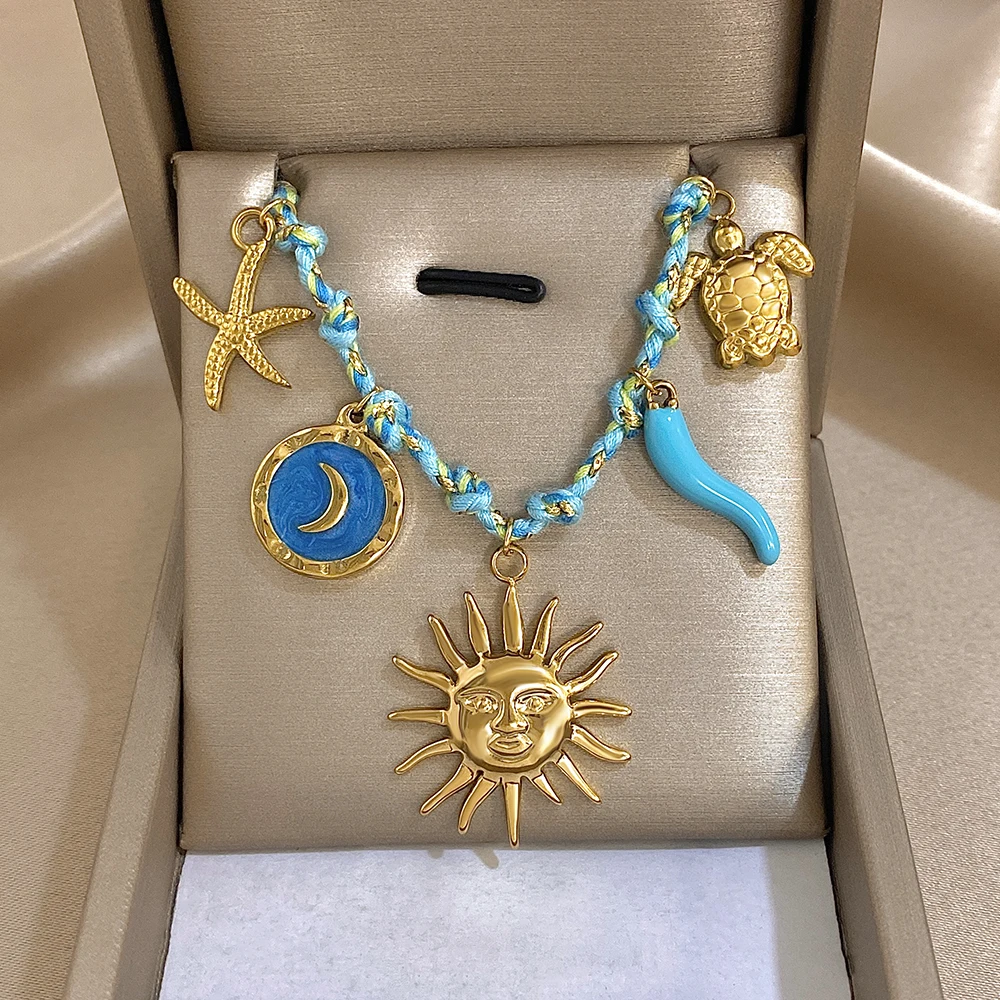 

Freestry Bohemian Stainless Steel Starfish Turtle Sun Pendant Necklace for Women Retro Rope Chain Necklace Jewelry on the Neck