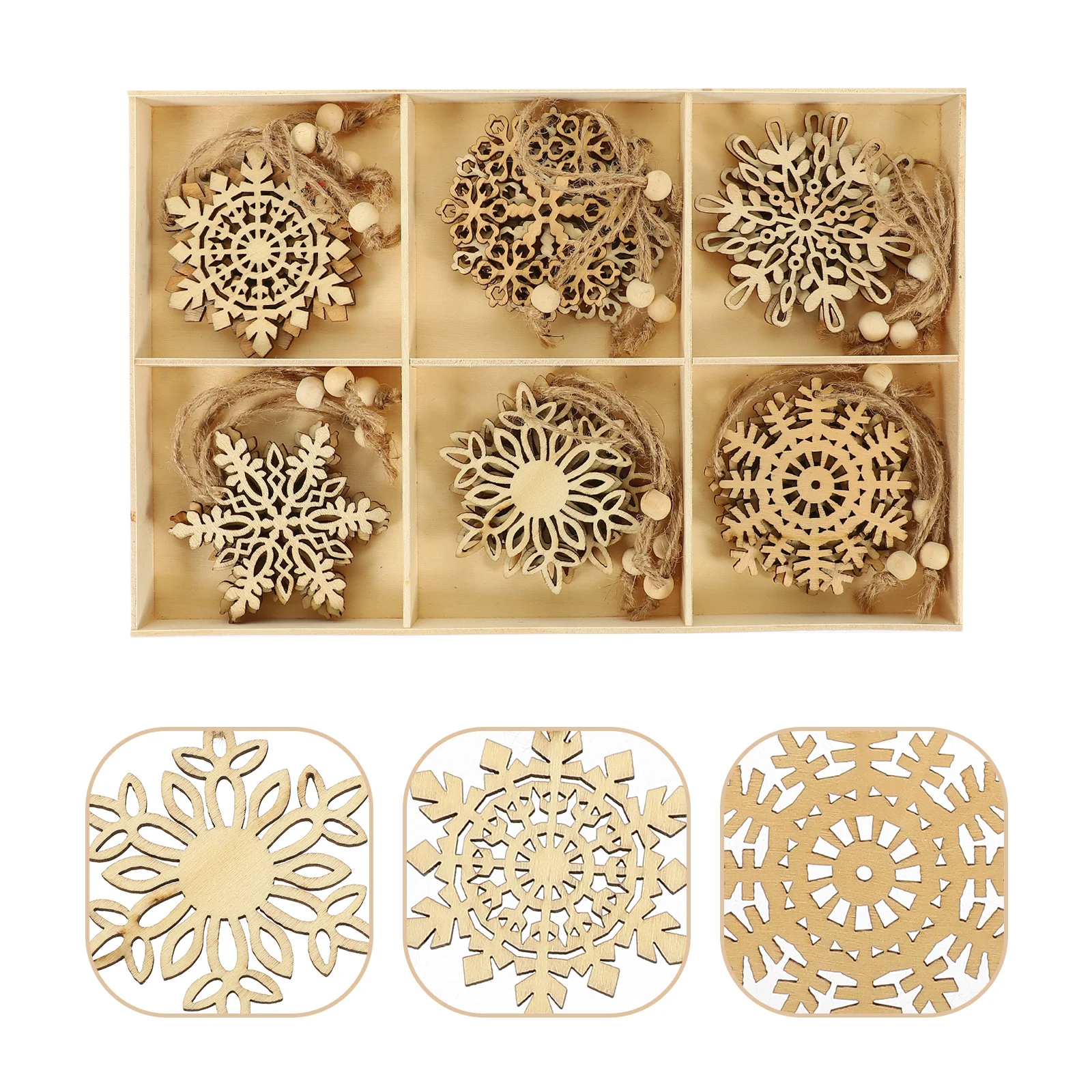 

24pcs Wooden Snowflake Ornaments Christmas Tree Hanging Decor Xmas Party Supplies Natural Wood Craft Diy Coloring For Home