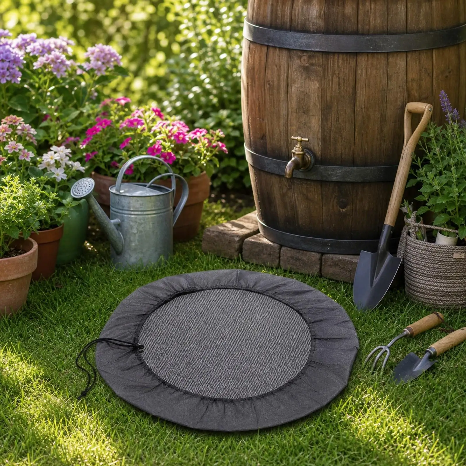 Mesh Rain Barrel Cover with Drawstring Outdoor Circular Water Tank Cover with Filter Screen Debris-Blocking Water Barrel Screen