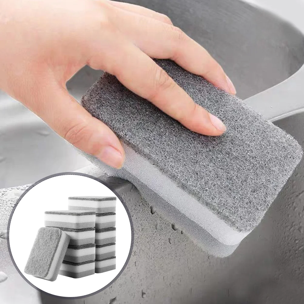 10pcs Gray Heavy Duty Sponge Scouring Pad Reusable Cleaning Sponges for Dishes Pots Kitchenware Washing Scrub Tool Efficient