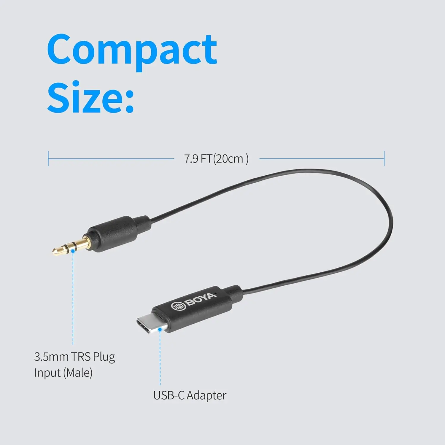 BOYA BY-K2 كابل محول صوت للميكروفون مقاس 20 سم 3.5 ملم TRS (ذكر) إلى Type-c (ذكر) لأجهزة Android PC والكمبيوتر المحمول USB-C