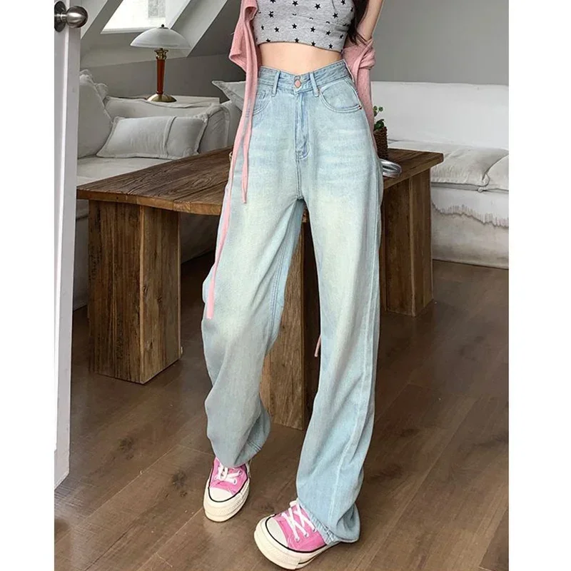 

2025 Female Simple High Waist Light Blue Denim Pants Woman Baggy Harajuku Fashion Jeans Classic Straight Wide Leg Y2k Trousers