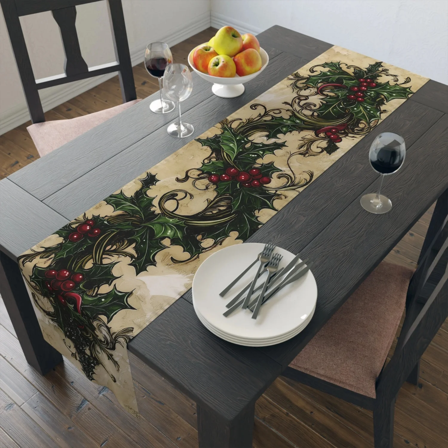 Calligraphy Christmas Table Runner: Holly and Ivy, Elegant Holiday Decor, Modern Table Centerpiece