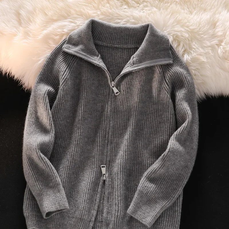 Women Lazy Style Turn Down Collar Double Zipper Ribbed Knit Cardigan Soft Warm Casual Sweater Coat