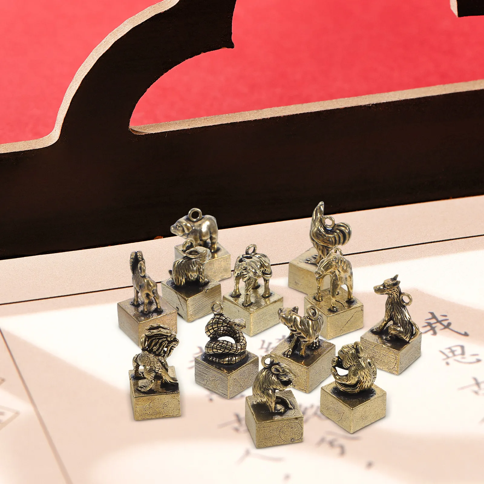 12Pcs Brass Zodiac Figurines Set Exquisite Craftsmanship Retro Elegant Zodiac Statue Collection for Home Office Desktop Chinese
