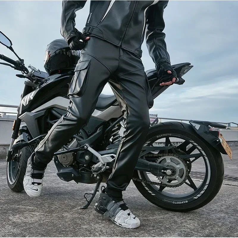 Idopy Cool Motorcycle Faux Leather Pants Warm Autumn Winter PU Waterproof Windproof Biker Cargo Pants Trousers For Man