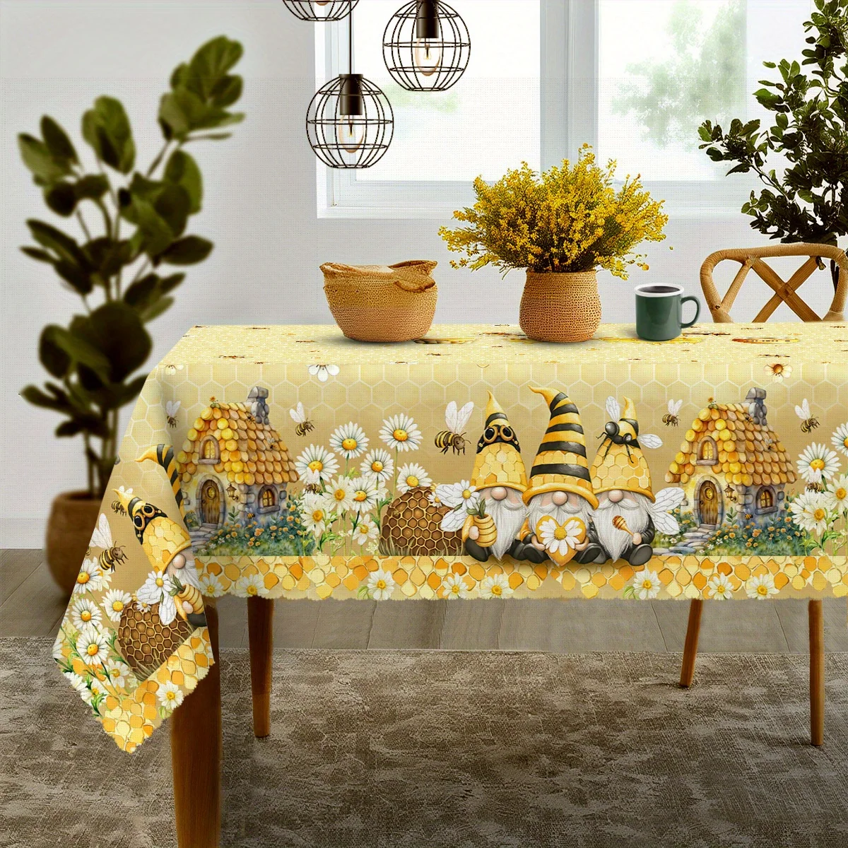 Summer farmhouse tablecloth, featuring cute cartoon dwarfs and bee prints, with beehive hut and daisy decorationsxzj