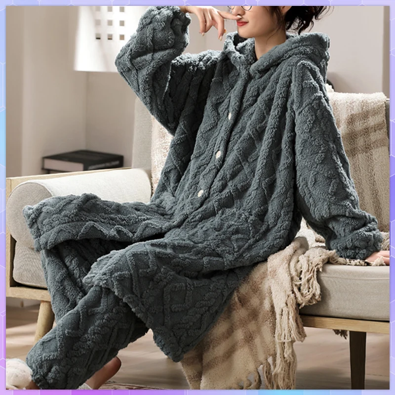 

Coral Velvet Winter Warm Sleepwear Shower Robe Nightgown Hooded Women's Pajamas Sets Casual Thicker Bathrobe Nightdress Homewear