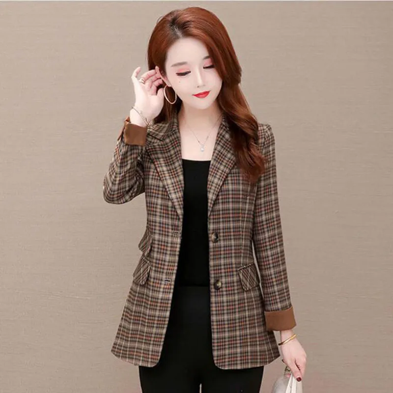 Fashion Design Suit Jacket Women's Blazer Middle-Aged Elderly Mother Spring Autumn Plaid Coat Tops Outerwear Female 5XL