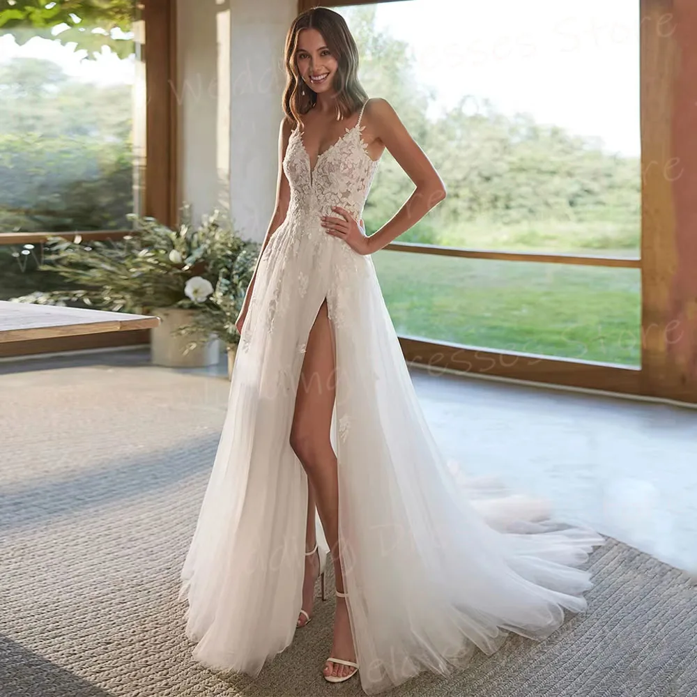 

Sexy A Line Women's Lace Appliques Spaghetti Straps Wedding Dresses Robe De Mariée Customized Slit Bride Gowns Vestido De Novia