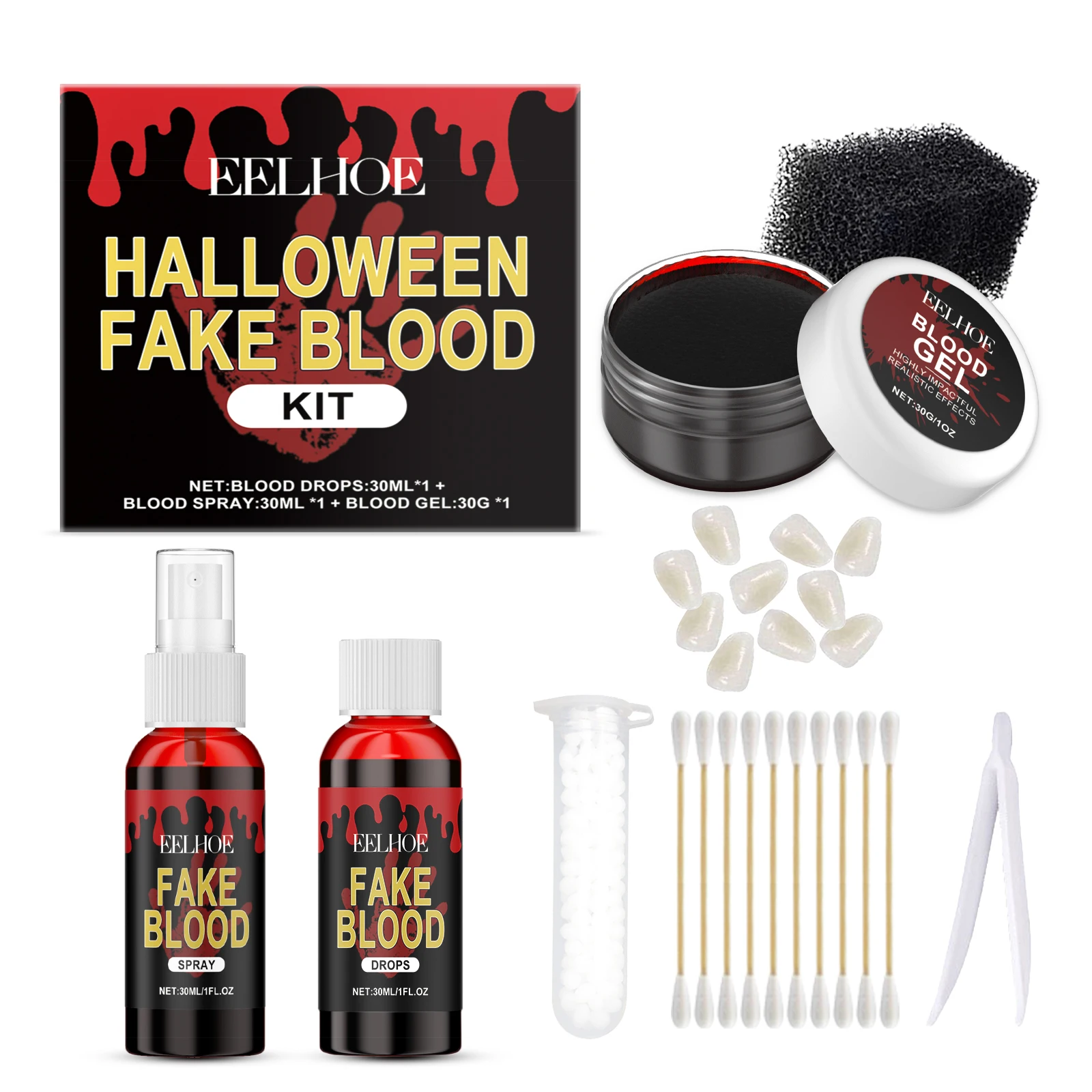 EELHOE Halloween Fake Blood Kit - Realistic Blood Dropper Spray and Clot Set for Vampire Zombie Wound Makeup Party Cosplay