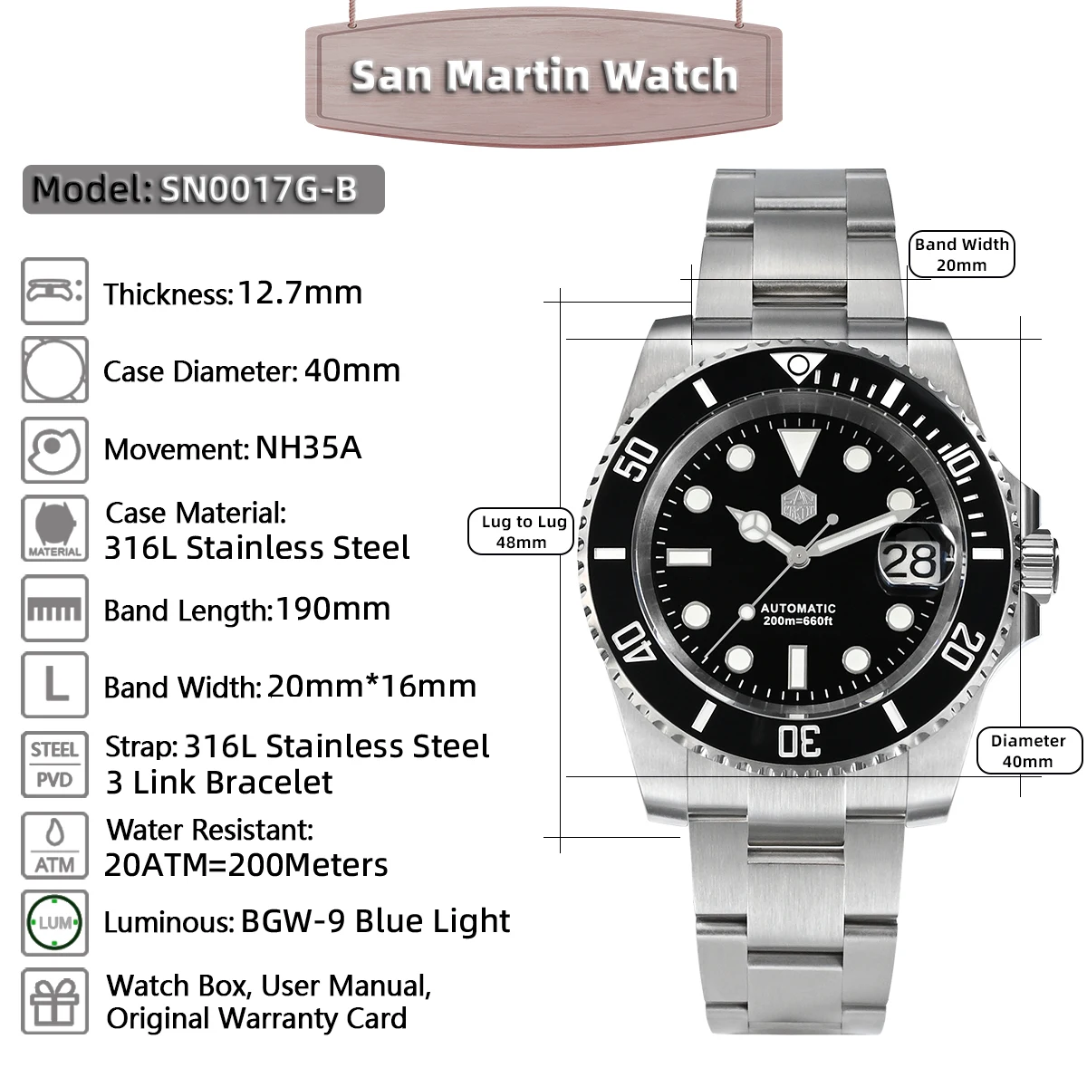 San Martin 40 mm Sub-Taucheruhr, luxuriöse NH35 mechanische Uhren für Herren, Business, leuchtendes Saphirglas, wasserdicht, 20 Bar, SN0017B