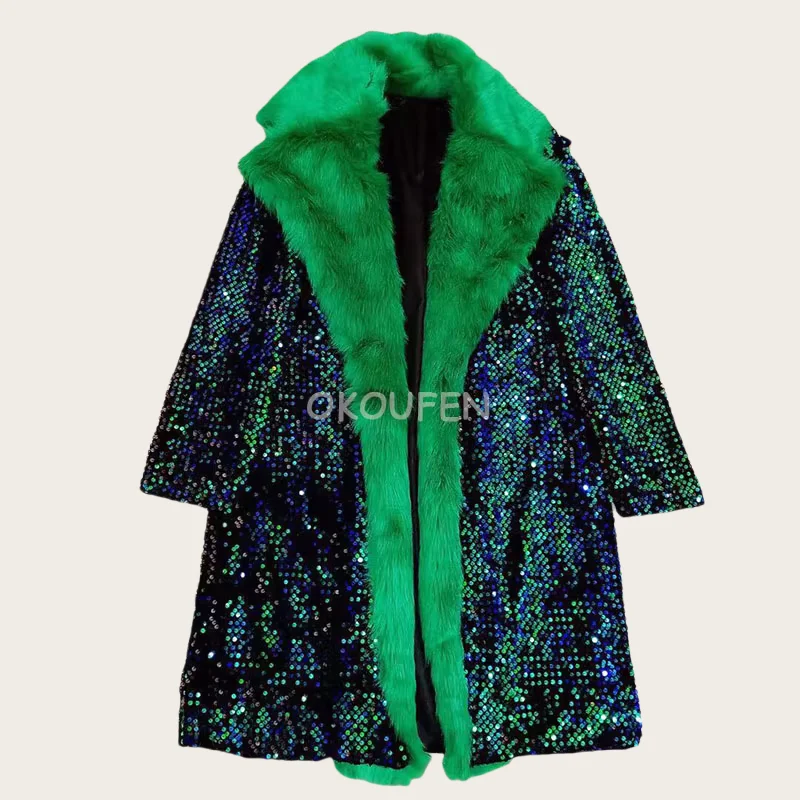 Christmas Theme Green Colorful Faux Fur Long Jacket Costume Bar Nightclub Male Singer Dj Ds Stage show performance wear