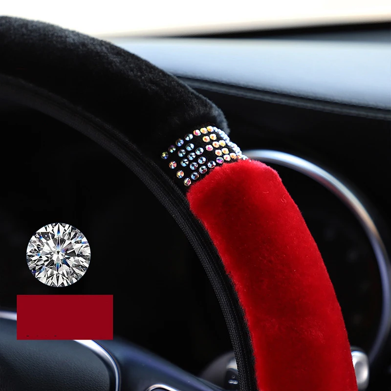 Uniwersalny 37-38cm średnica miękki pluszowy Rhinestone osłona na kierownicę samochodu akcesoria wewnętrzne czarny różowy pokrowiec na kierownicę samochodu — zdjęcie 7