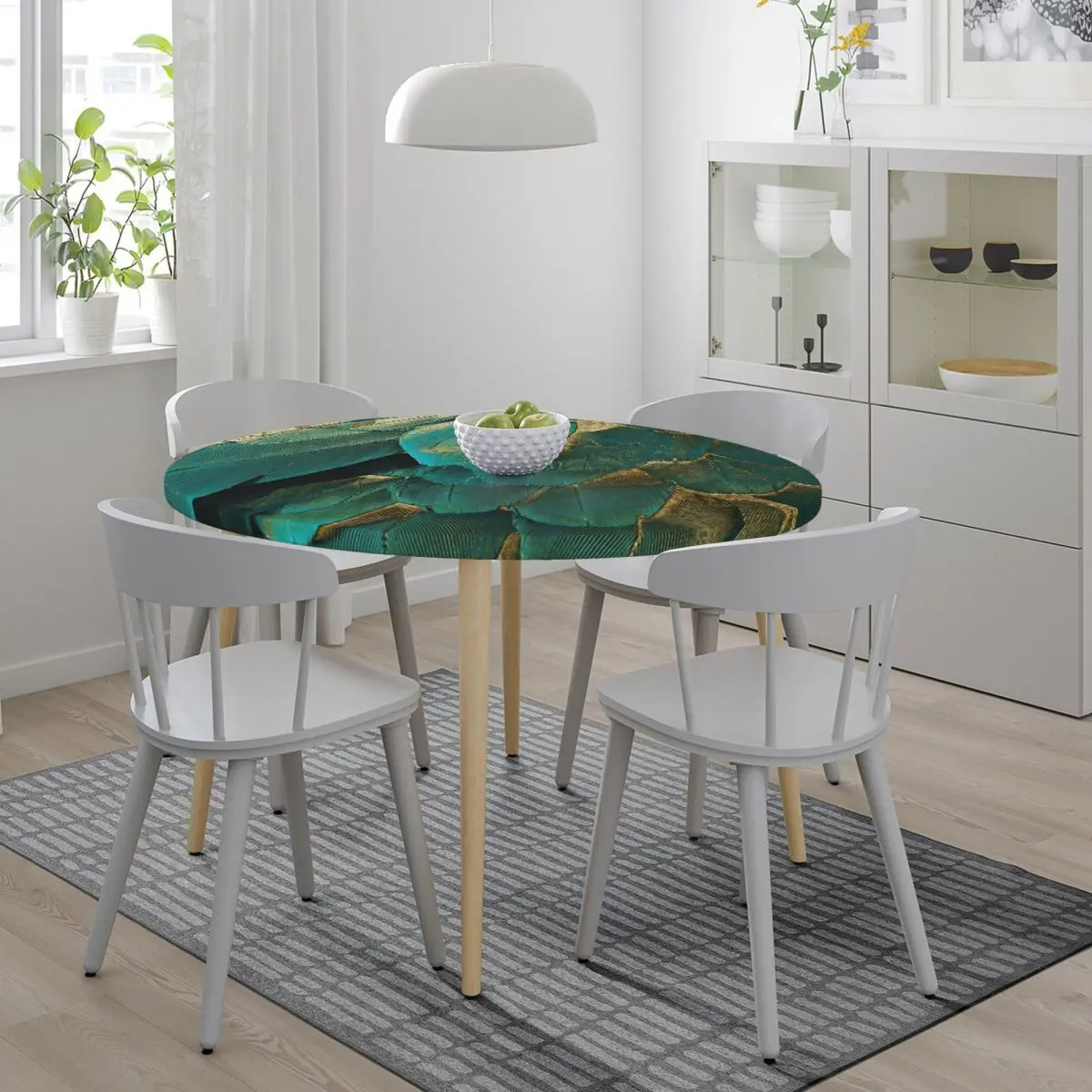 Feather Glitter Teal And Gold Waterproof Round Tablecloth Oilproof Table Cloth for Kitchen Events Dining Table Cover